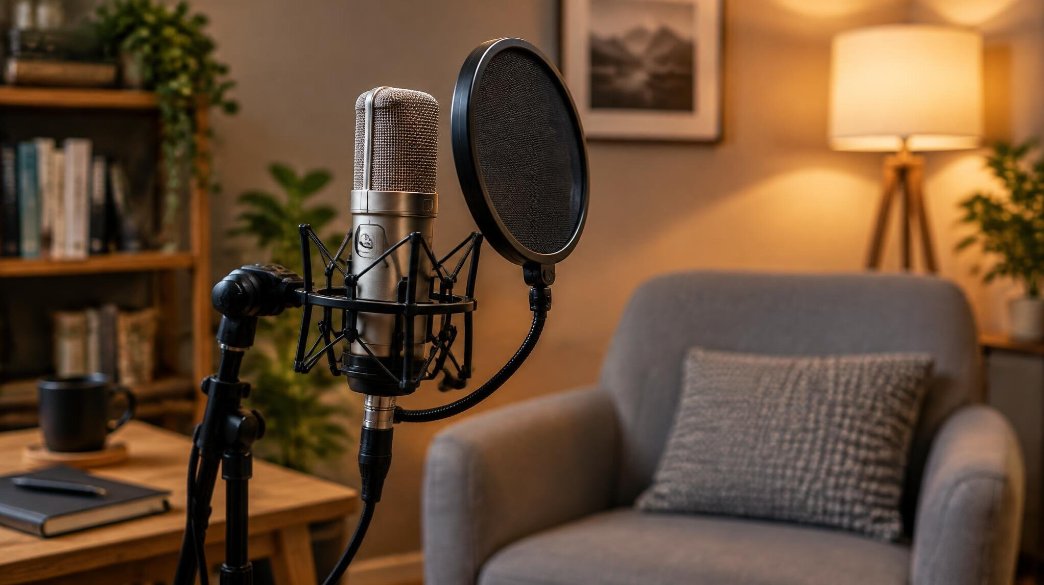 Studio microphone on a stand ready for an interview