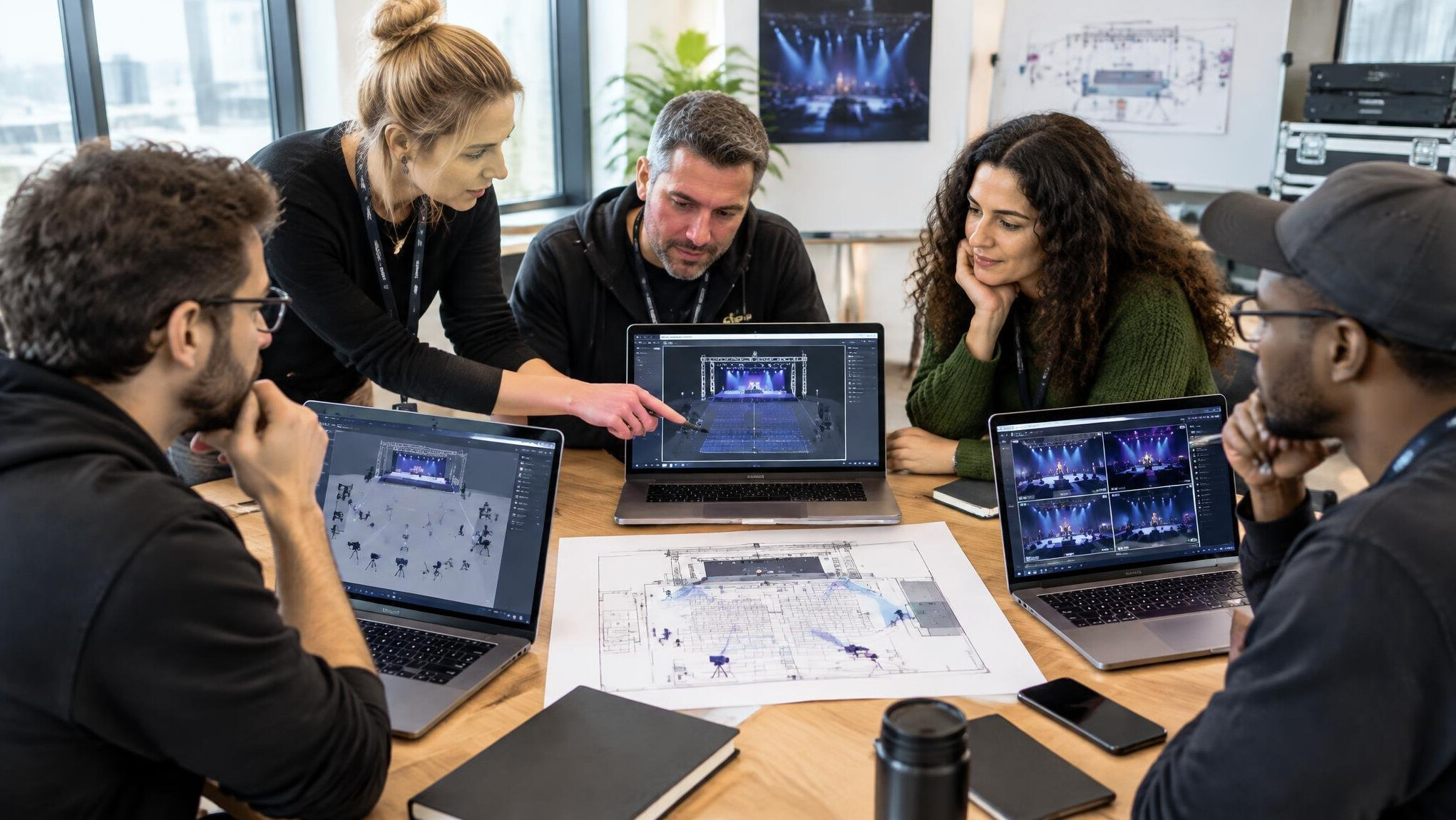 Production team reviewing a plan around a table