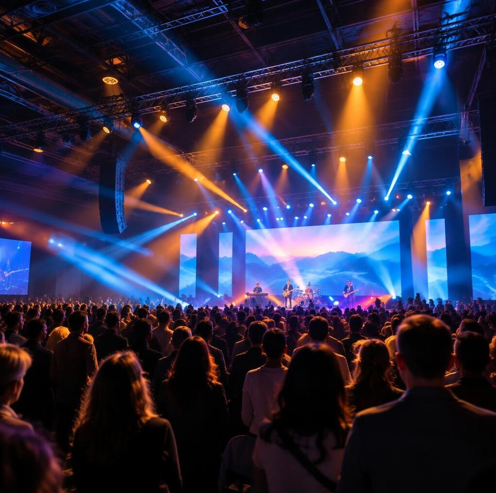 Event venue with colourful stage lighting