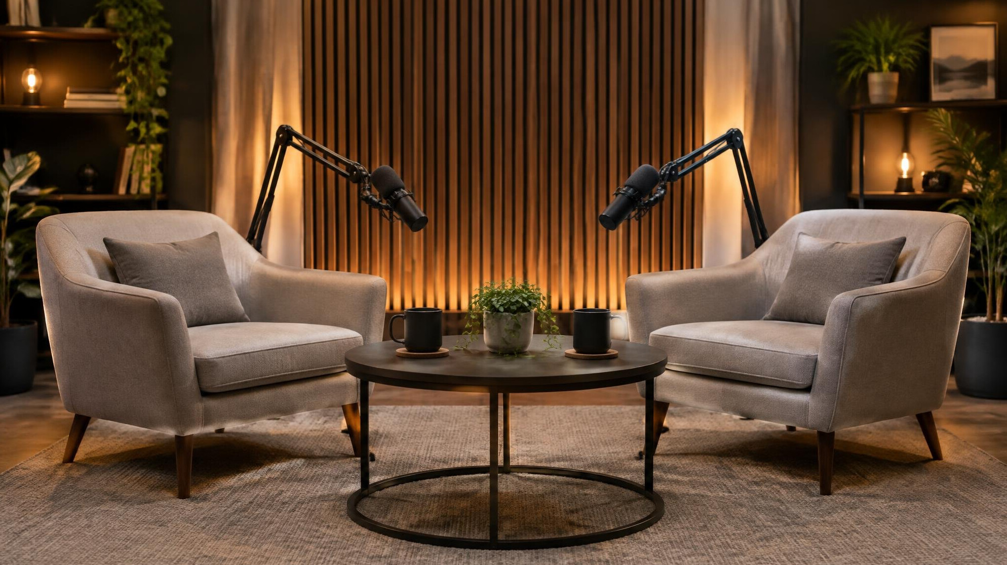 Interview and podcast studio setup with microphones